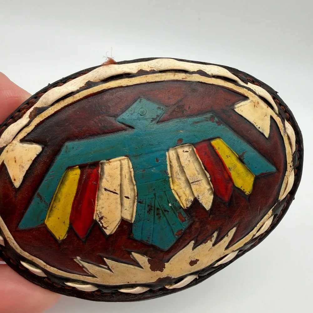 VTG Justin Leather Belt Buckle Hand Tooled Thunderbird Painted Oval 61-P‎